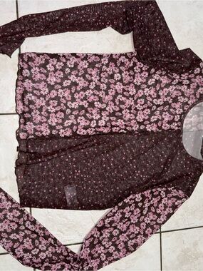 Garage Sheer Floral Mesh Long Sleeve Top in Pink on Dark Brown